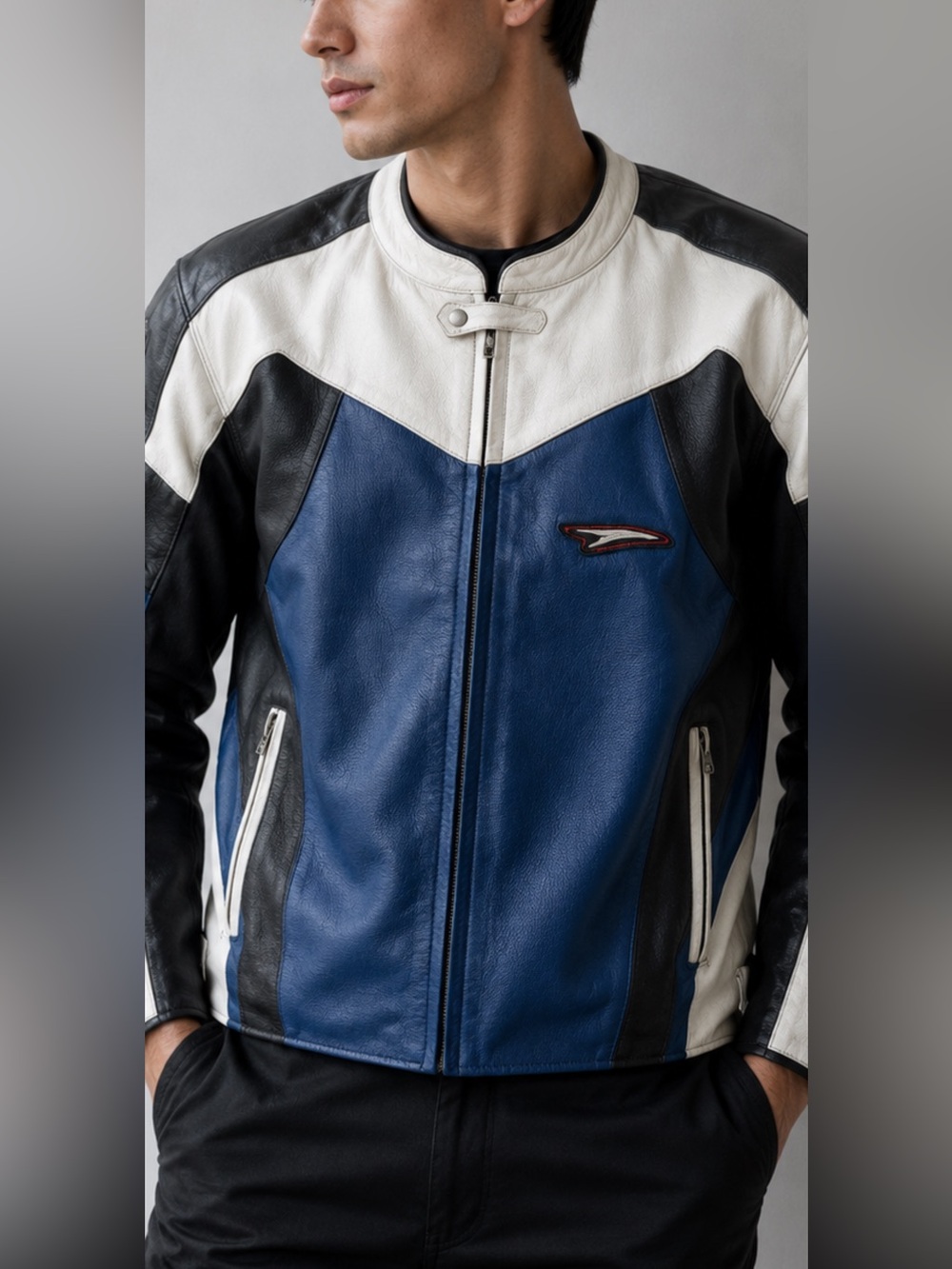 Teknic Leather Motorcycle Jacket Mens 46 Blue White Black Racing Removable Liner